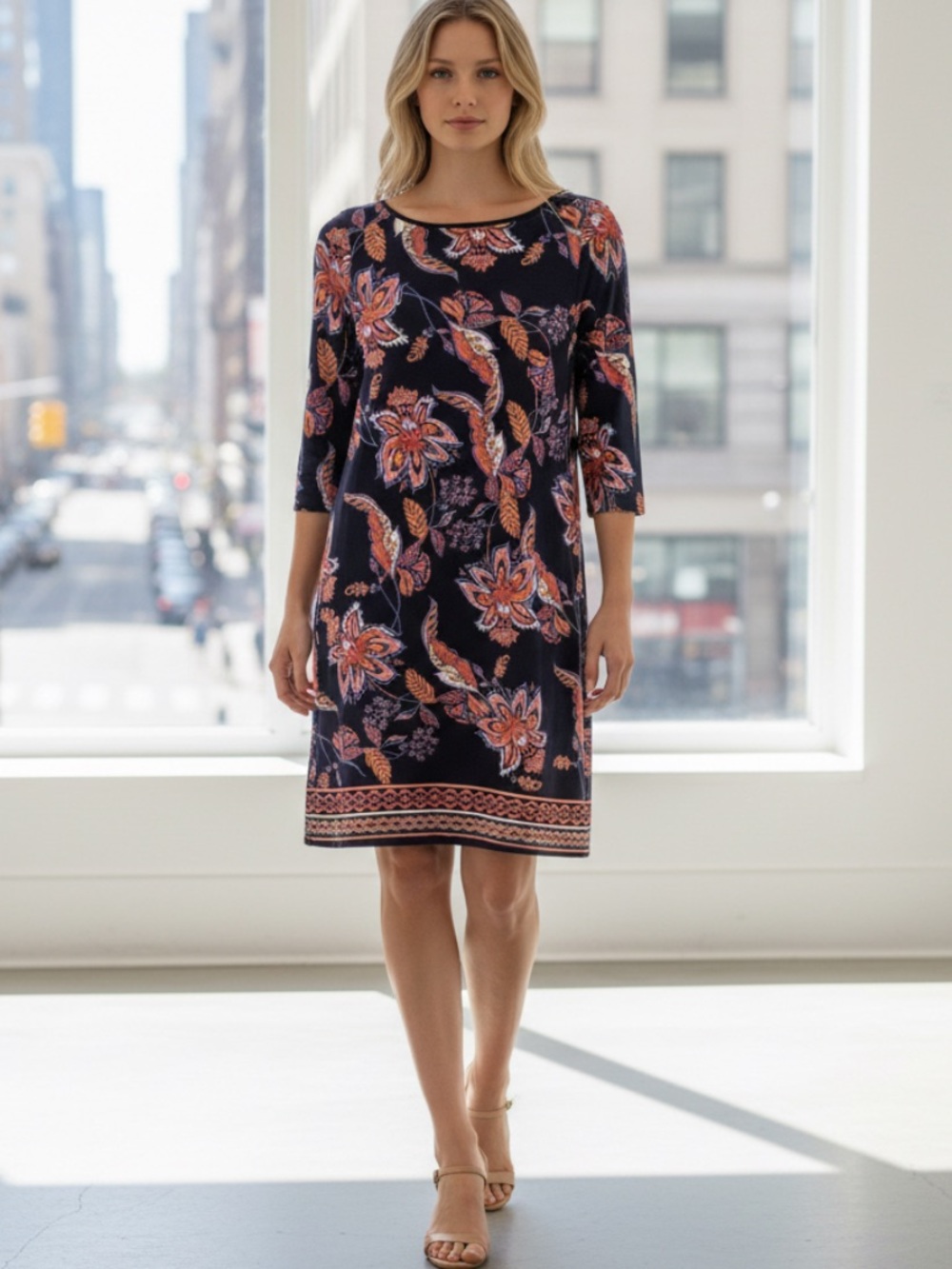 Women’s Vince Camuto Shift Dress Dark Navy Coral Floral 3/4 Sleeve  Size 4